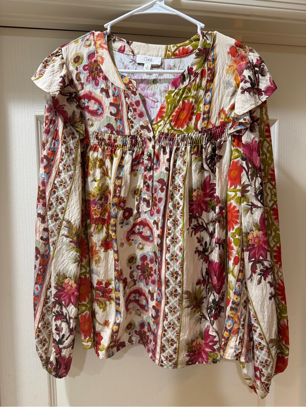 Oasis Floral Ruffle-Shoulder Tunic in Cream, Pink & Olive